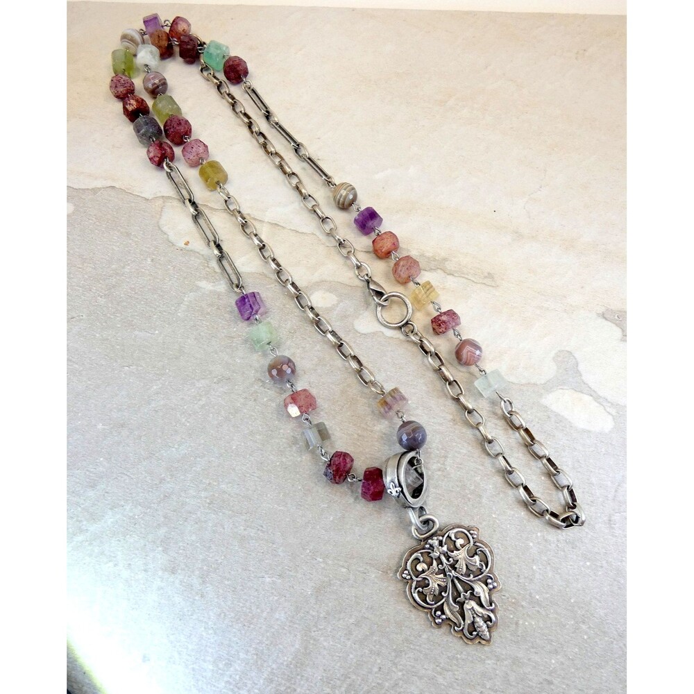 French Kande Sterling Silver Plated Tourmaline Beaded Pendant Necklace NWT 38"